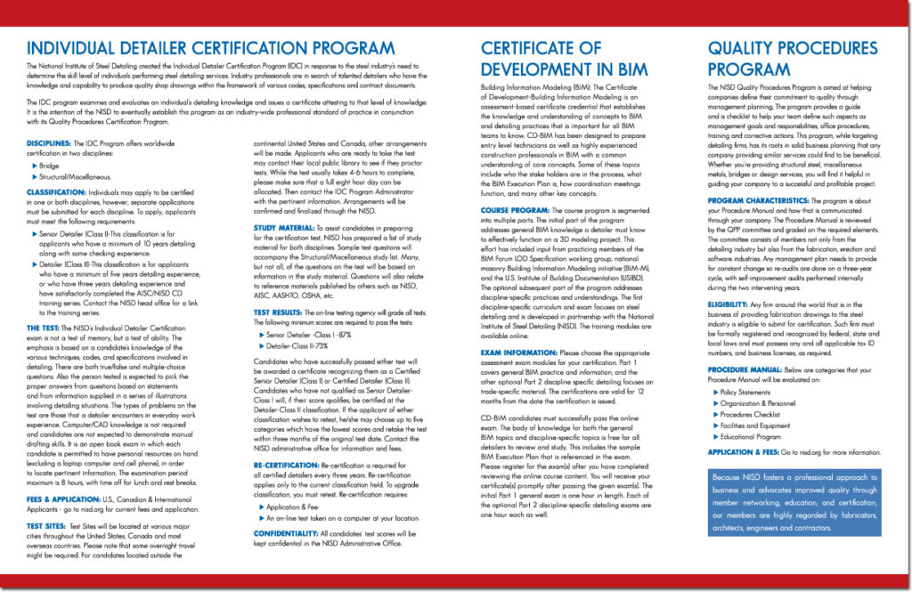 National Institute of Steel Detailing Certification Brochure (Inside)